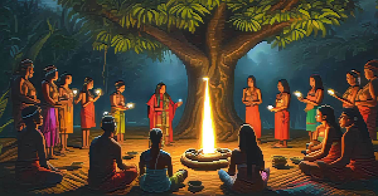 Indigenous people in colorful attire engaged in an ayahuasca ceremony under a large tree, illuminated by candlelight.