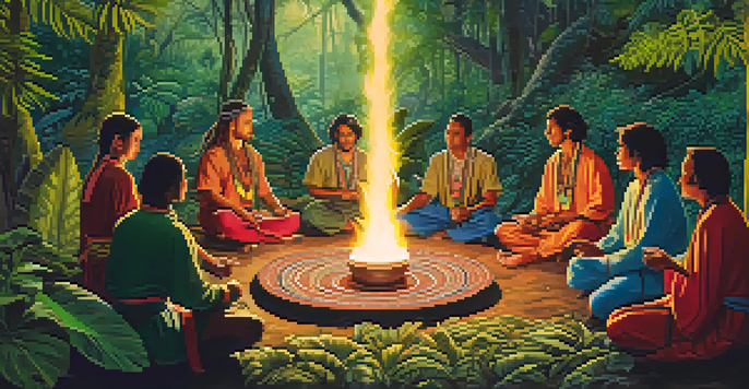 A peaceful Ayahuasca ceremony in the Amazon rainforest, featuring participants gathered around a fire with a shaman preparing the brew among lush greenery.