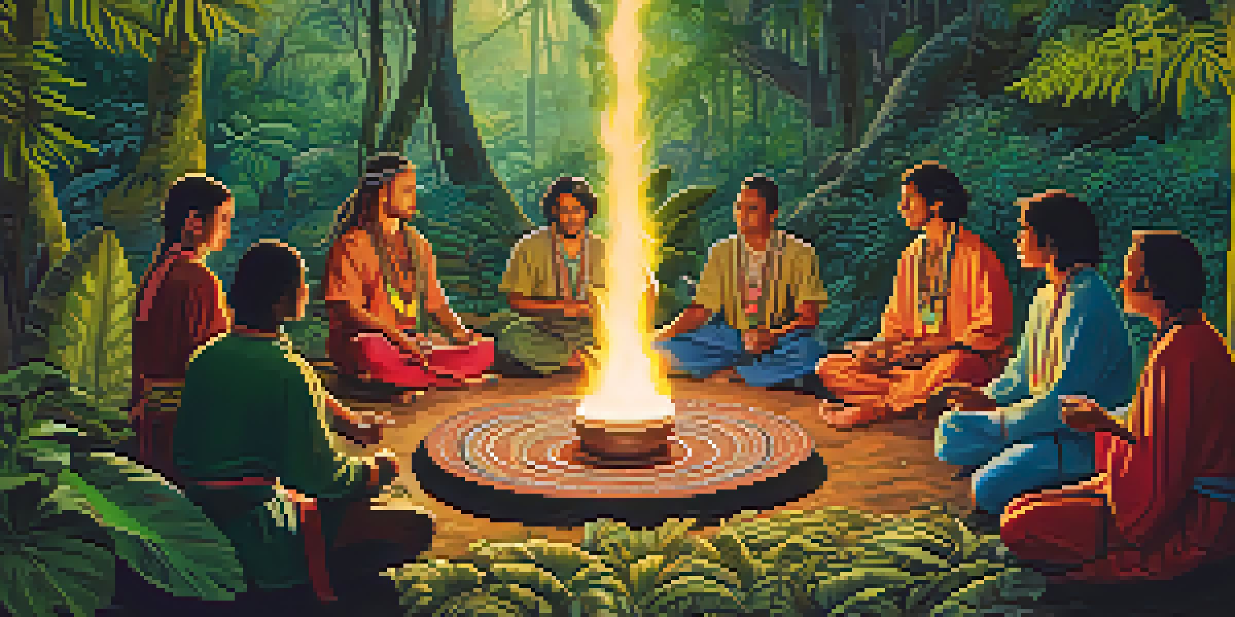 A peaceful Ayahuasca ceremony in the Amazon rainforest, featuring participants gathered around a fire with a shaman preparing the brew among lush greenery.