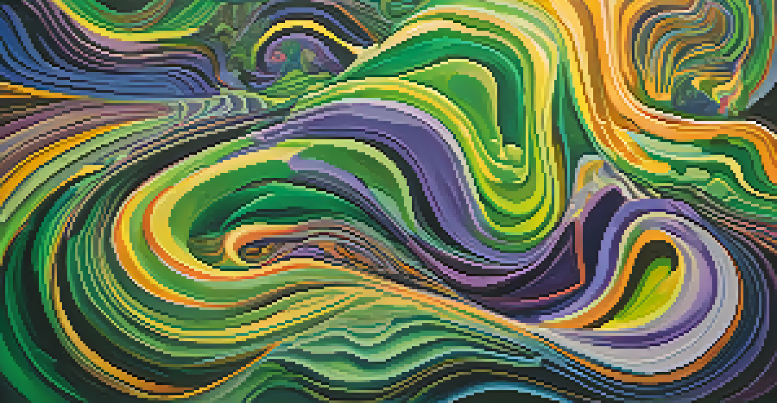 An abstract representation of an Ayahuasca experience with swirling colors and shapes, evoking connection and transformation.