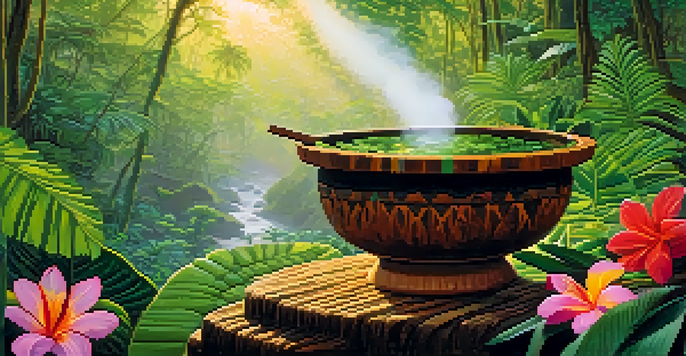 A tranquil Amazon rainforest with lush greenery, a steaming bowl of Ayahuasca brew, and colorful tropical flowers under soft morning sunlight.