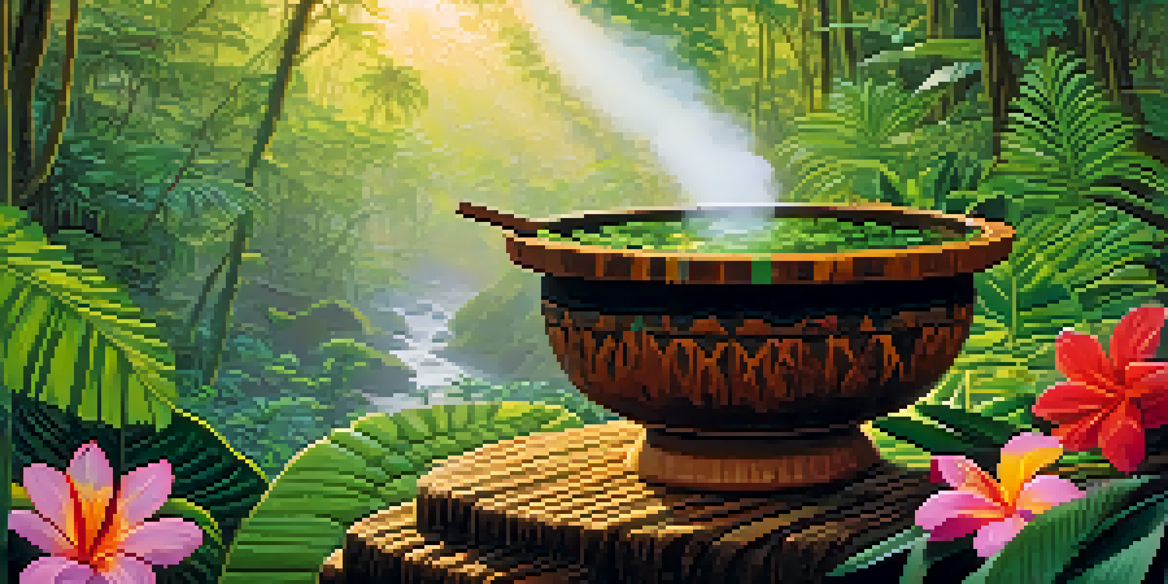 A tranquil Amazon rainforest with lush greenery, a steaming bowl of Ayahuasca brew, and colorful tropical flowers under soft morning sunlight.