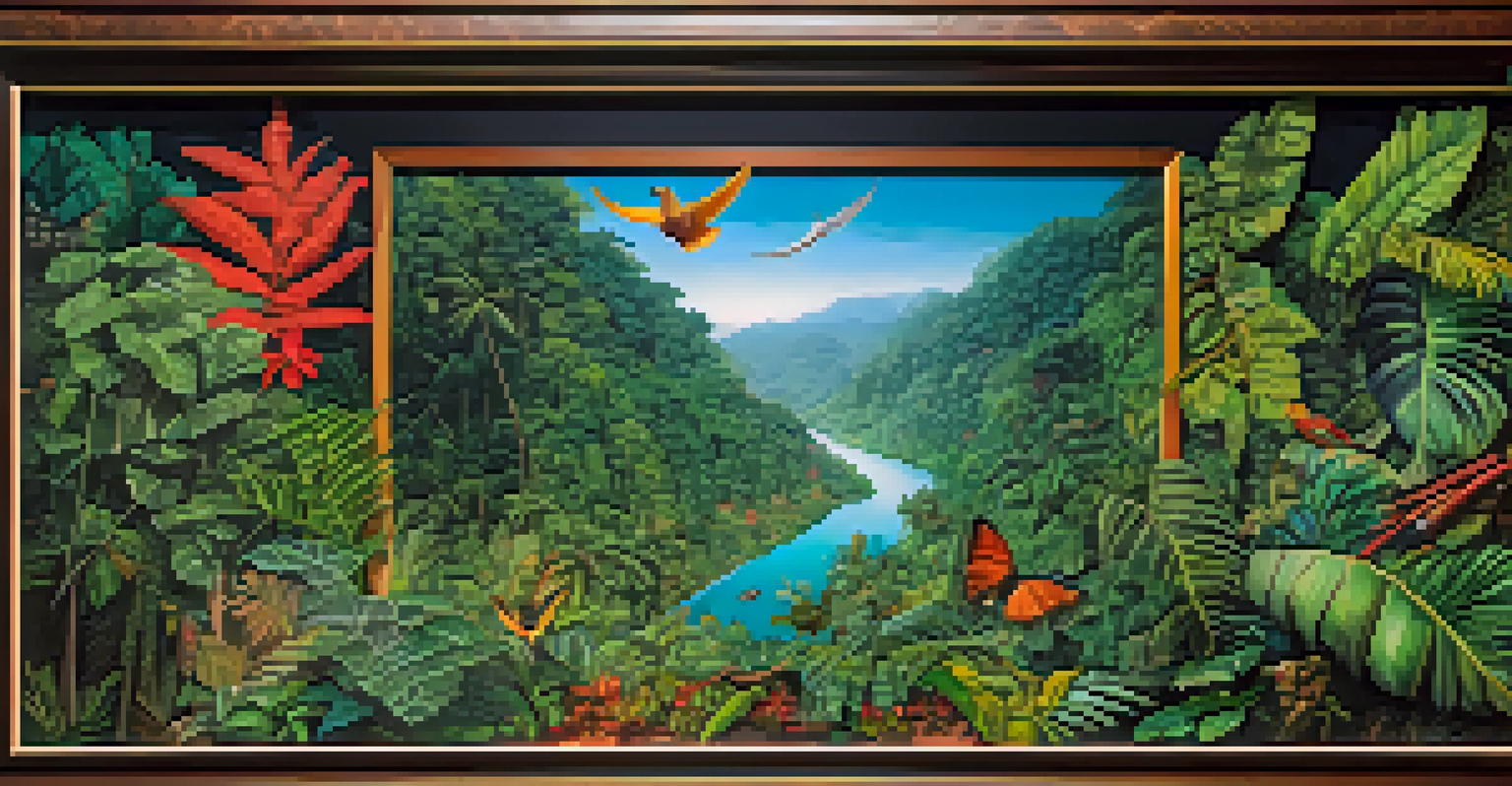 A visual collage illustrating the effects of Ayahuasca cultivation, including deforestation and biodiversity, framed by lush Amazonian plants.