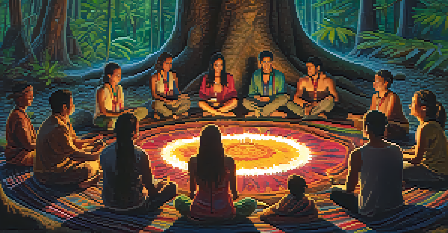 A group of people in a circle participating in an ayahuasca ceremony surrounded by candles and trees.