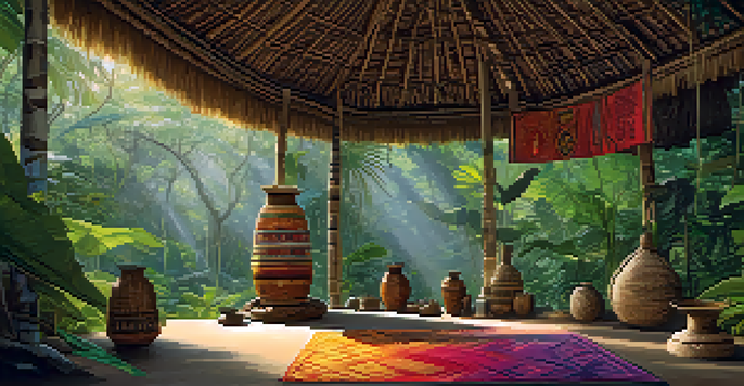 A lush Amazon rainforest scene with a ceremonial setting, including colorful mats and ritual objects, illuminated by soft sunlight.