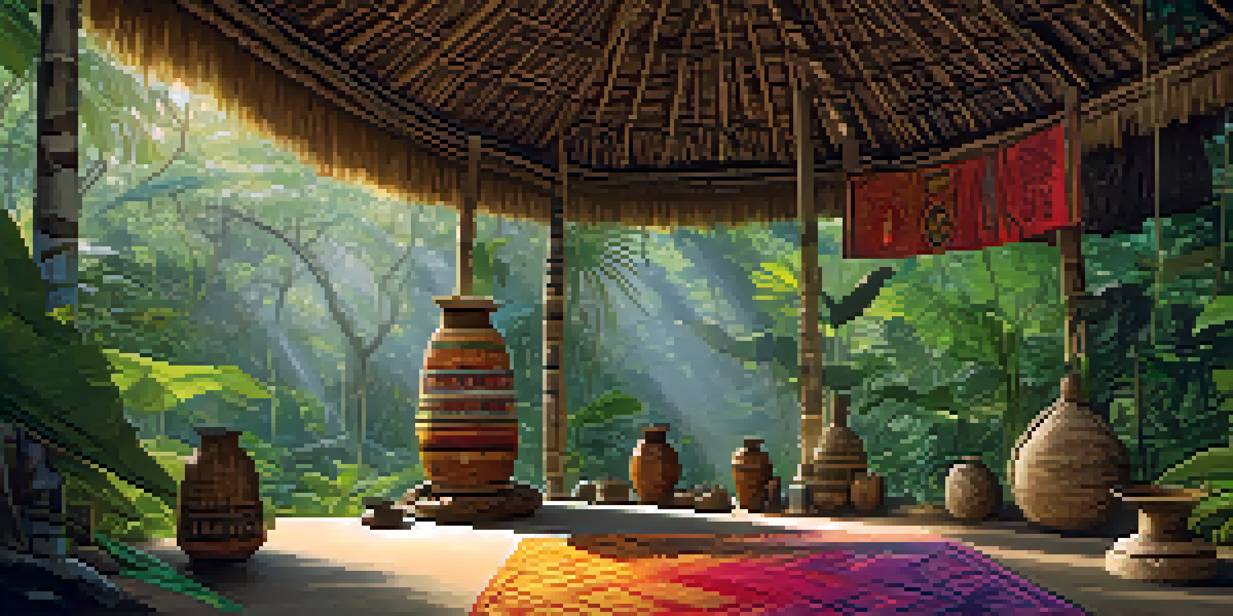 A lush Amazon rainforest scene with a ceremonial setting, including colorful mats and ritual objects, illuminated by soft sunlight.