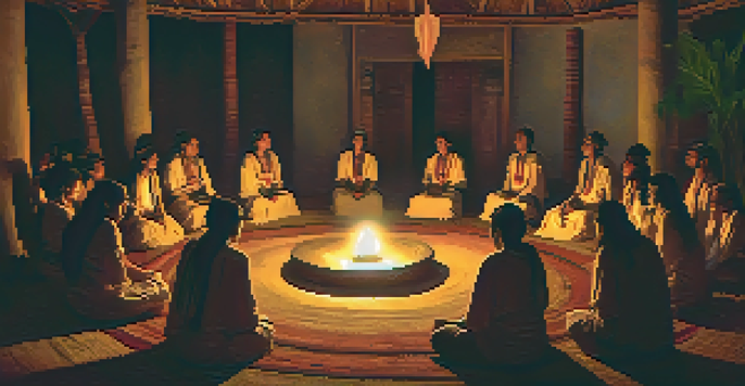 A candle-lit ceremonial setting with diverse individuals in a circle, guided by a shaman, all engaged in an Ayahuasca ceremony.