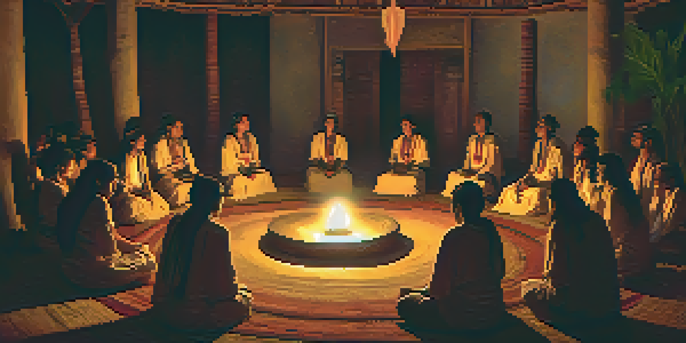 A candle-lit ceremonial setting with diverse individuals in a circle, guided by a shaman, all engaged in an Ayahuasca ceremony.