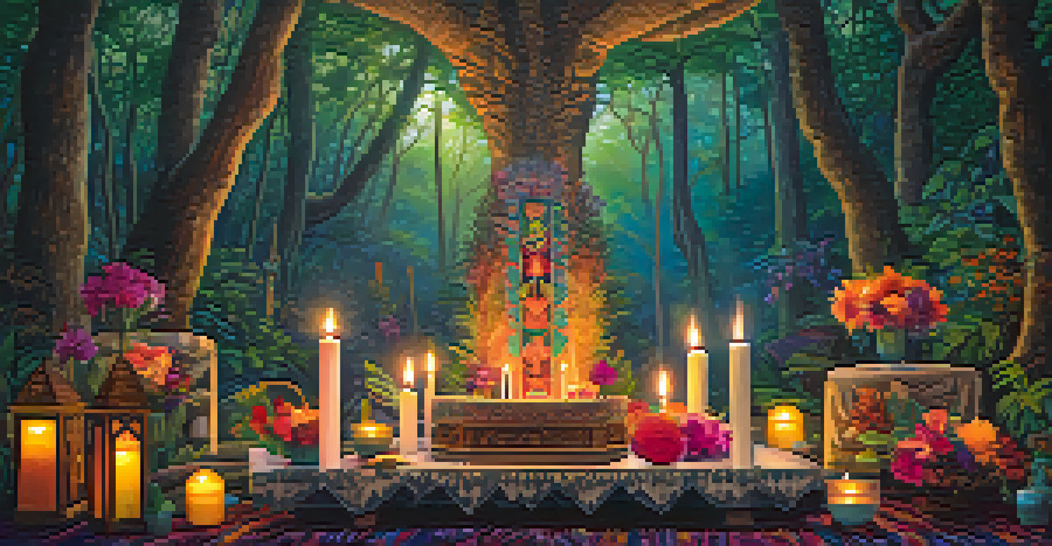 An altar decorated with flowers, candles, and ceremonial objects for an Ayahuasca ceremony, illuminated by soft natural light in a serene environment.