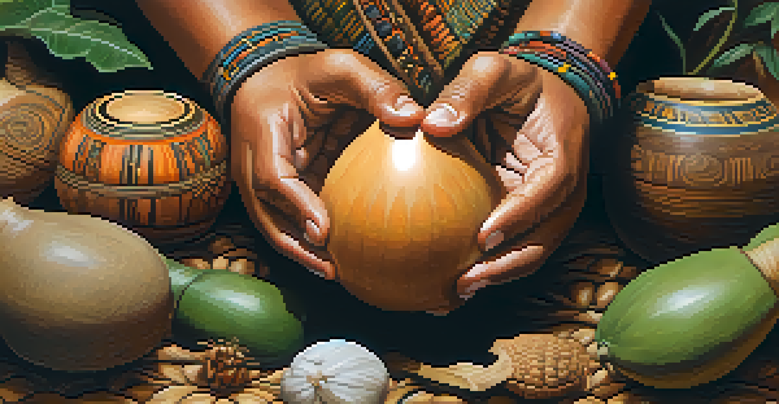 A close-up of hands sharing a ceremonial object in an Ayahuasca ceremony, surrounded by earthy tones and natural textures.