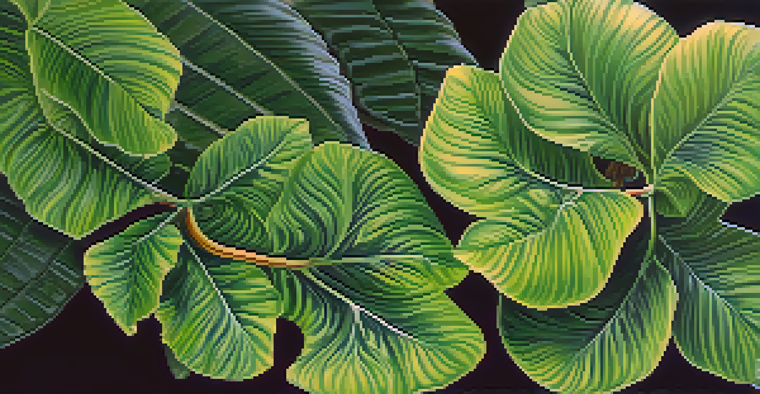 Close-up of the Banisteriopsis caapi vine and Psychotria viridis leaf used in Ayahuasca preparation.