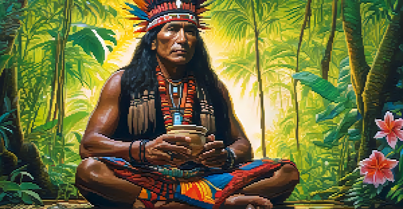 Close-up of an indigenous shaman in traditional clothing holding a cup of Ayahuasca, surrounded by vibrant jungle flora.