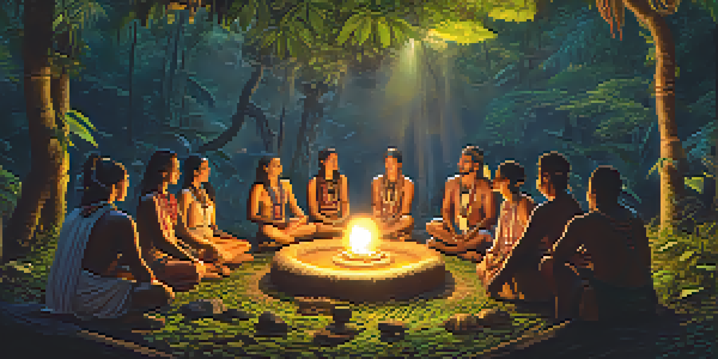 A peaceful scene of a traditional ayahuasca ceremony in the Amazon rainforest, with participants sitting in a circle and a shaman leading the session.