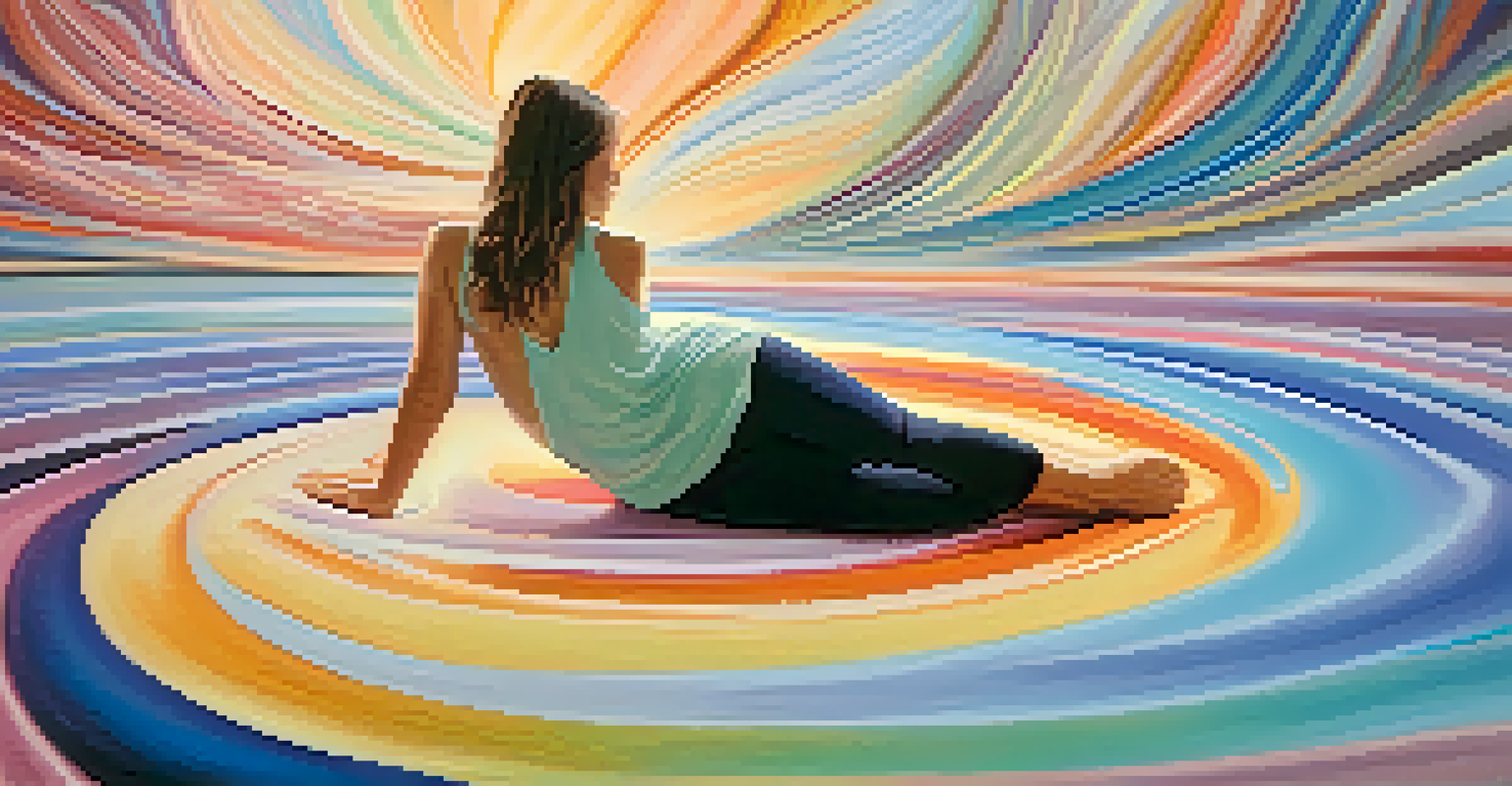 A person practicing breathwork in a meditative pose, surrounded by colorful abstract shapes and soft pastel hues.