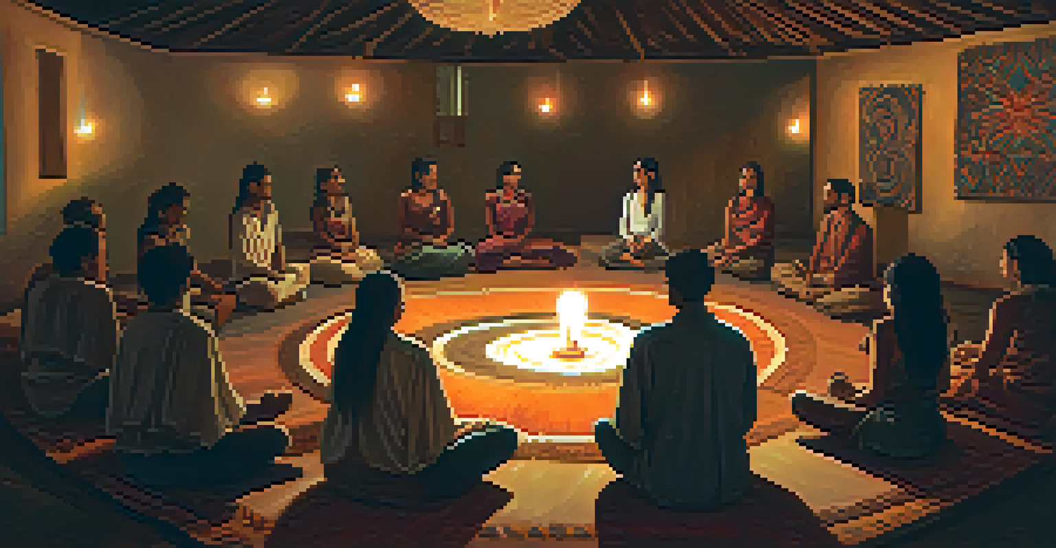 A cozy, dimly lit room for an ayahuasca ceremony with participants seated in a circle, surrounded by candles and nature artwork.