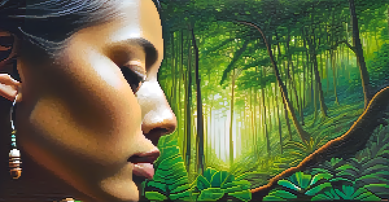 A close-up of a serene participant during an Ayahuasca ceremony, with a gentle forest background.