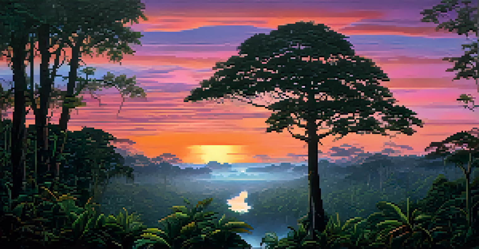 A tranquil Amazon rainforest at dusk with a colorful sunset and tall tree silhouettes.