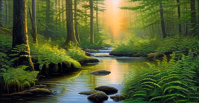 A tranquil forest at sunrise, with mist rising from the ground and a gentle stream reflecting golden light.