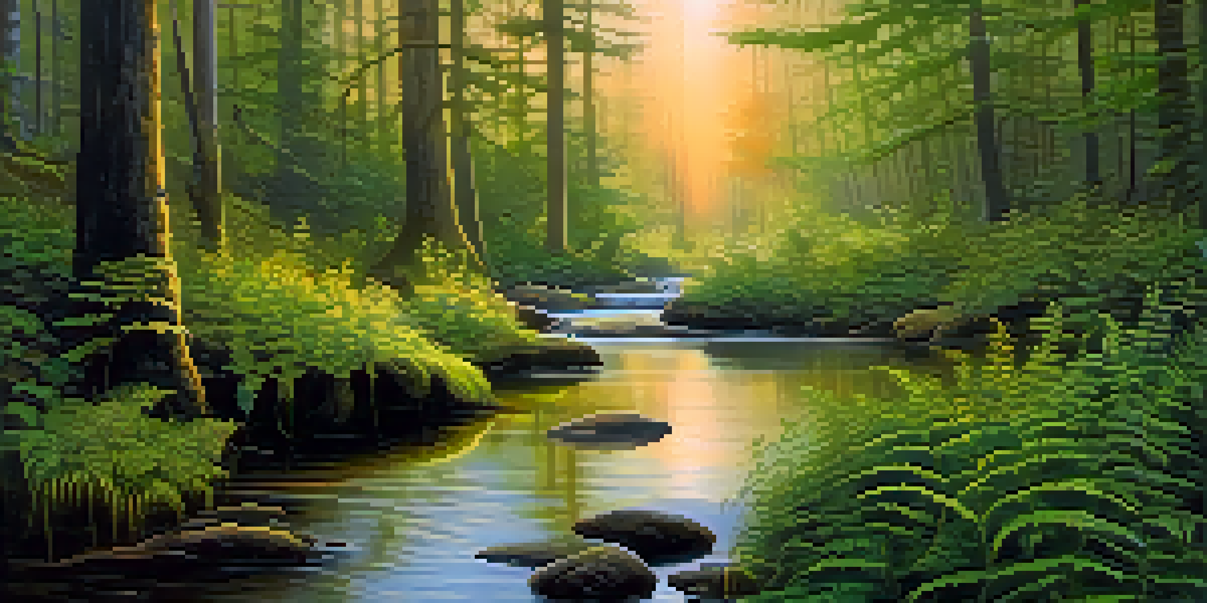 A tranquil forest at sunrise, with mist rising from the ground and a gentle stream reflecting golden light.