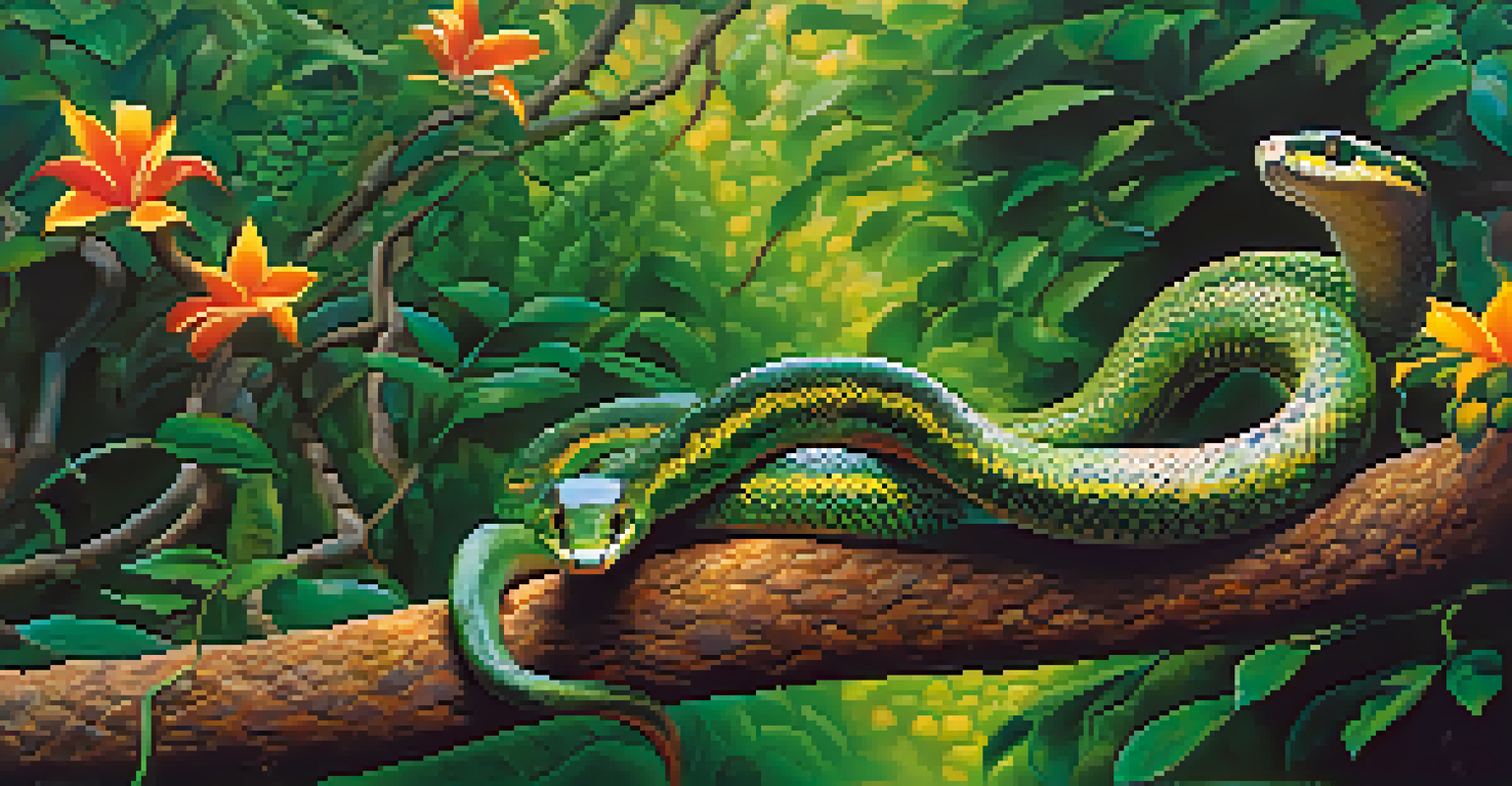 A close-up of a vibrant snake coiling around a branch, representing transformation, with blurred figures of participants in an ayahuasca ceremony in the background.