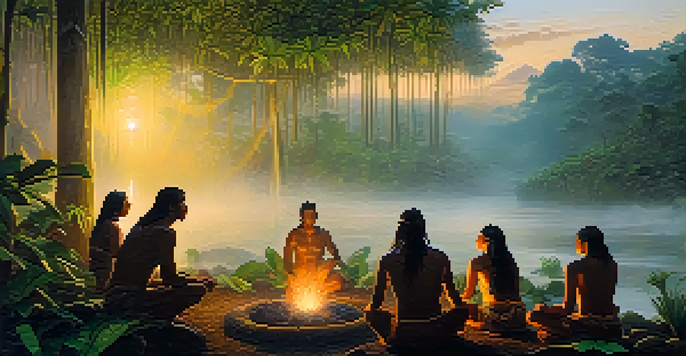 A tranquil scene of an Amazon rainforest at dawn, featuring mist, lush greenery, and participants in a circle around a warm fire during an ayahuasca ceremony.