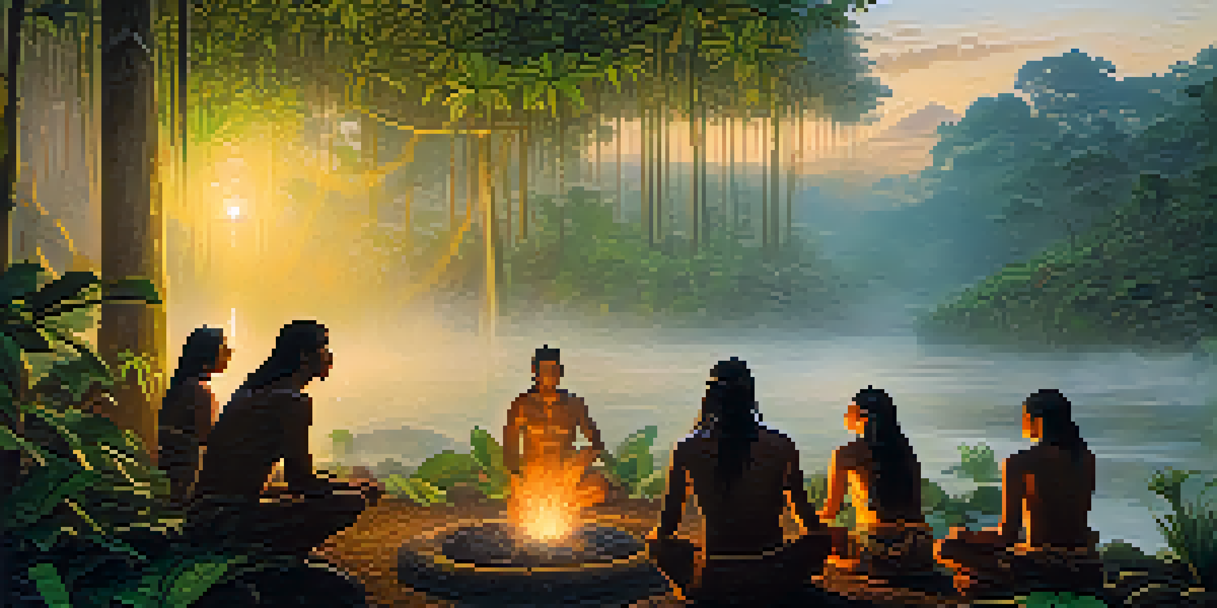 A tranquil scene of an Amazon rainforest at dawn, featuring mist, lush greenery, and participants in a circle around a warm fire during an ayahuasca ceremony.