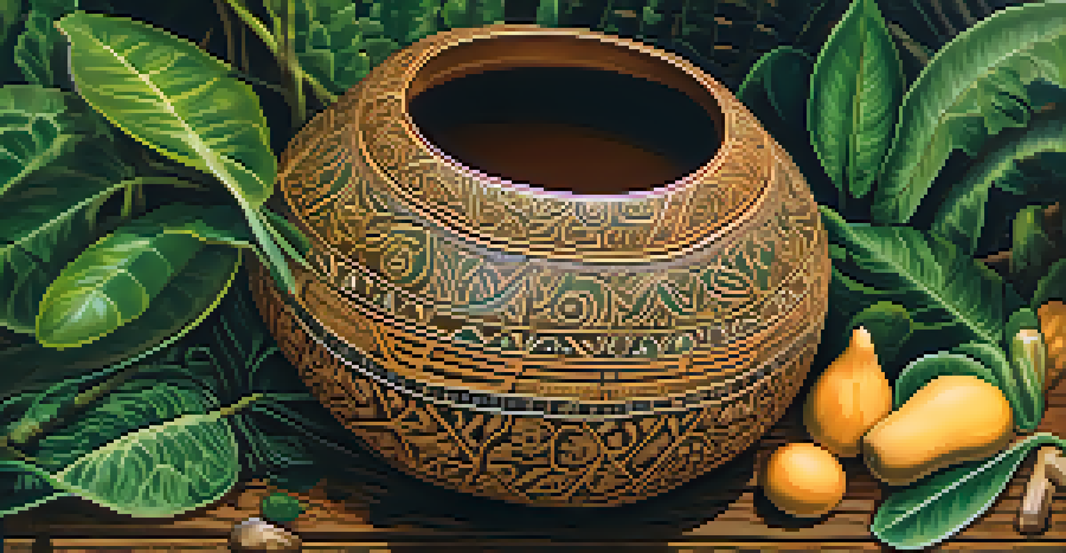 A close-up of an ayahuasca brew in a carved gourd, surrounded by leaves and stones with soft sunlight filtering through the trees.