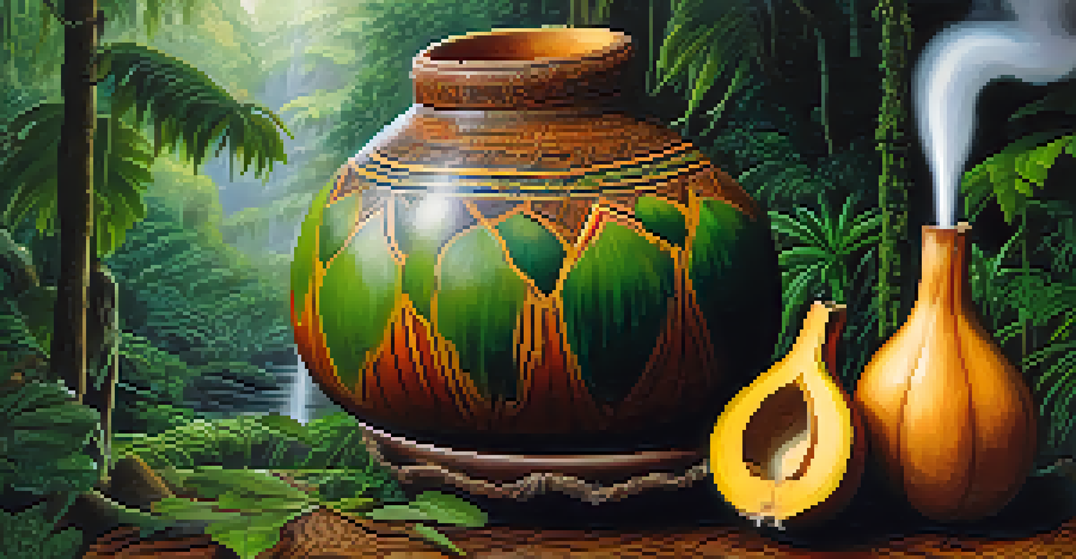 A close-up of Ayahuasca brew in a traditional gourd with steam rising, set against a blurred green rainforest background.
