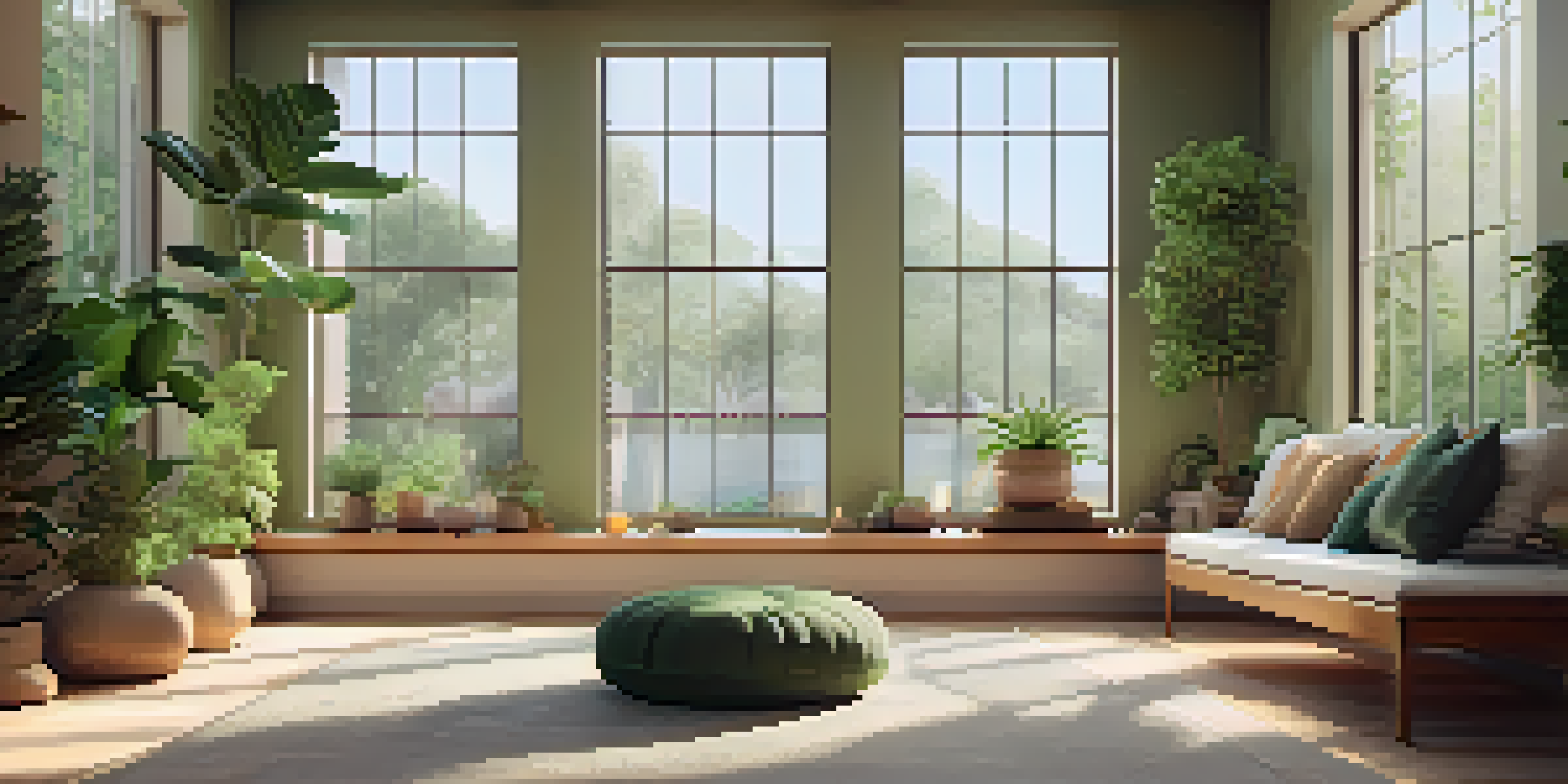 A peaceful meditation space with natural light, plants, and calming artwork, designed for relaxation and mindfulness.