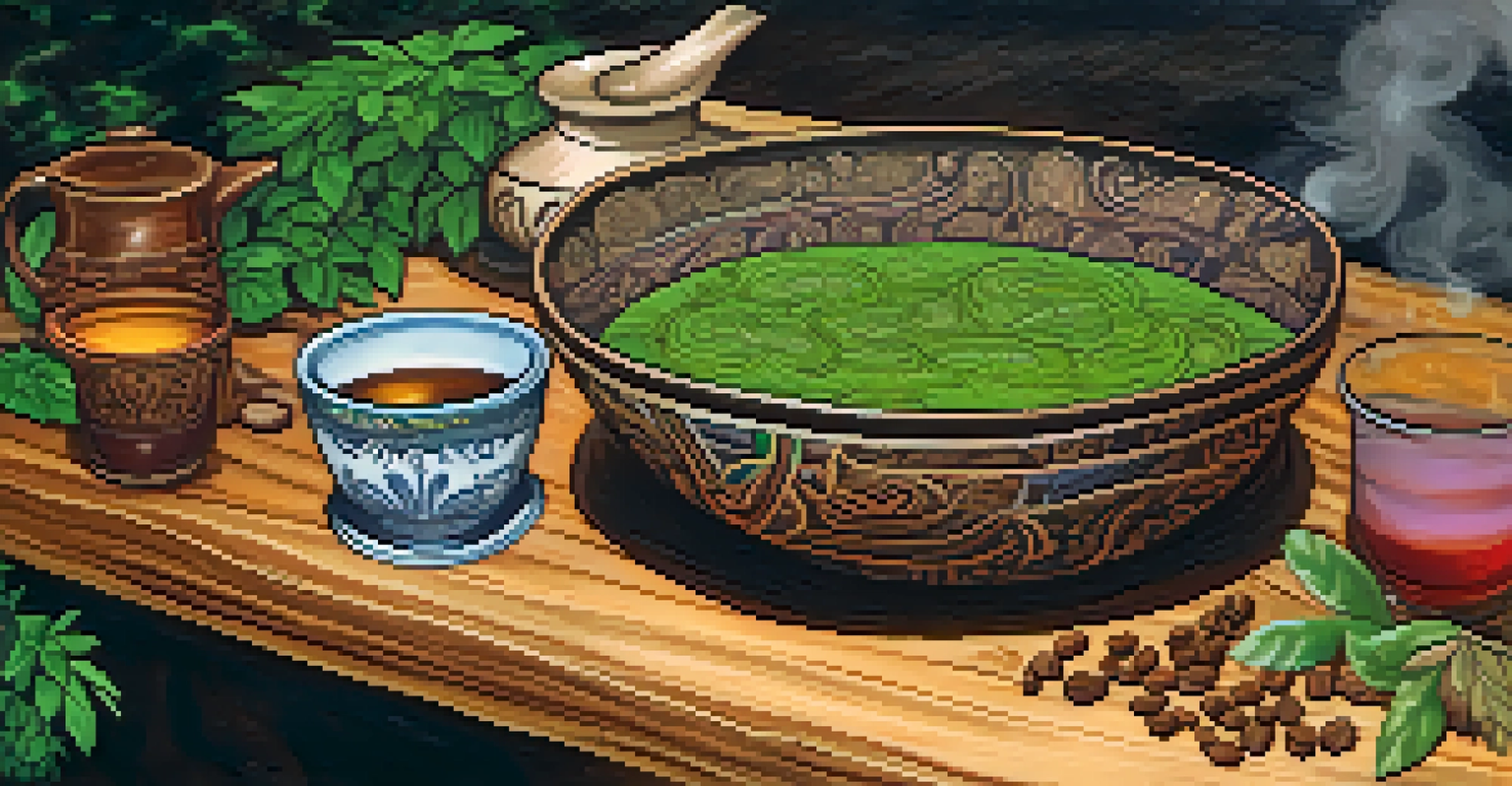 A close-up of ayahuasca brew in a bowl, surrounded by herbs on a wooden table, illuminated by soft natural light.