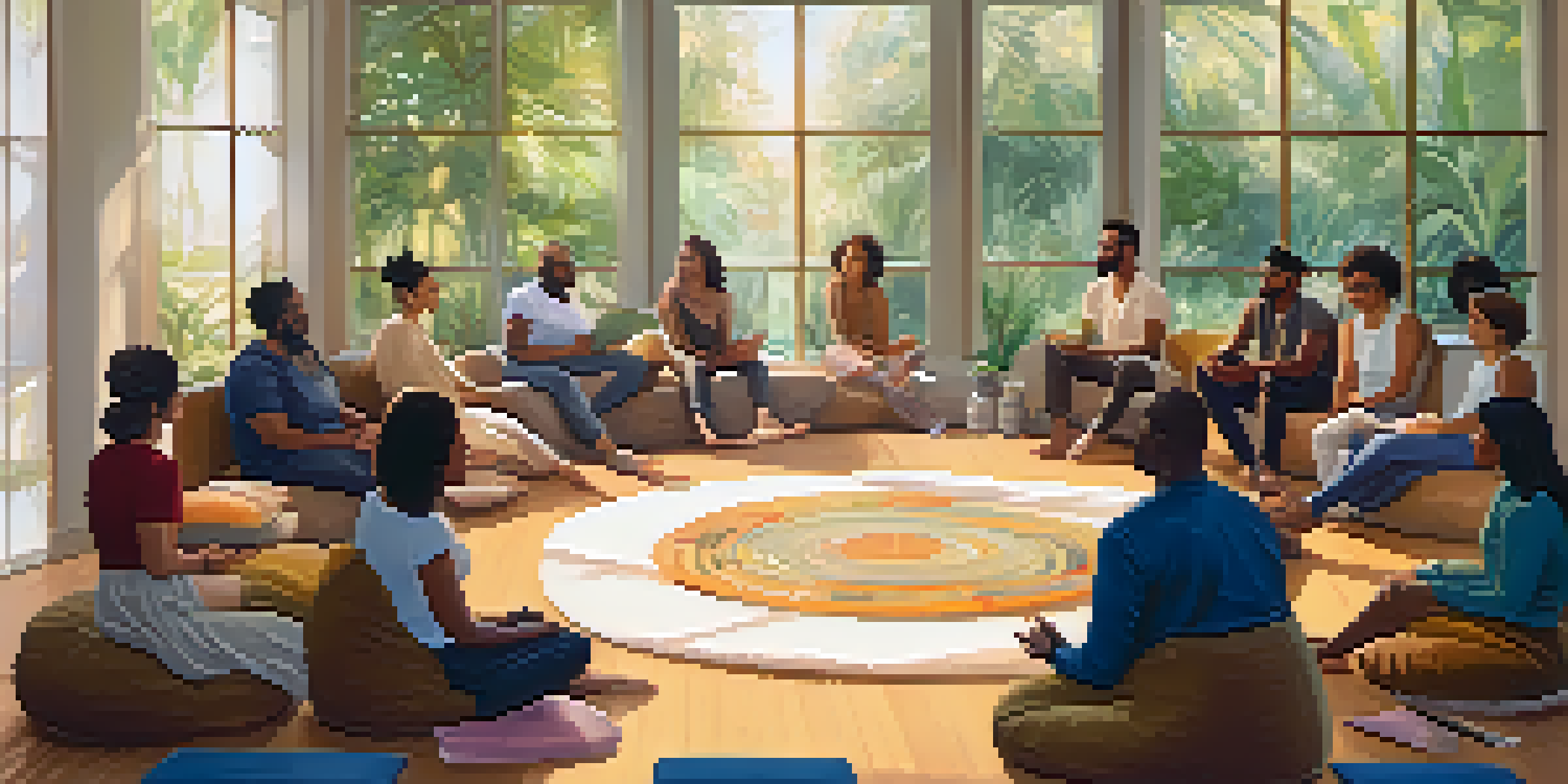 A group of diverse individuals seated in a circle during an integration workshop, sharing experiences in a warmly lit room surrounded by greenery.