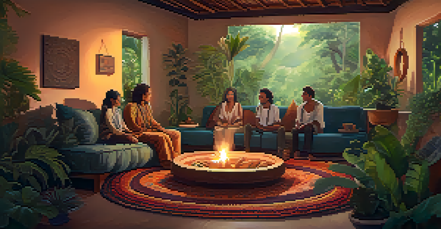 A cozy integration circle with individuals sharing their experiences after an Ayahuasca ceremony, surrounded by warm lighting.