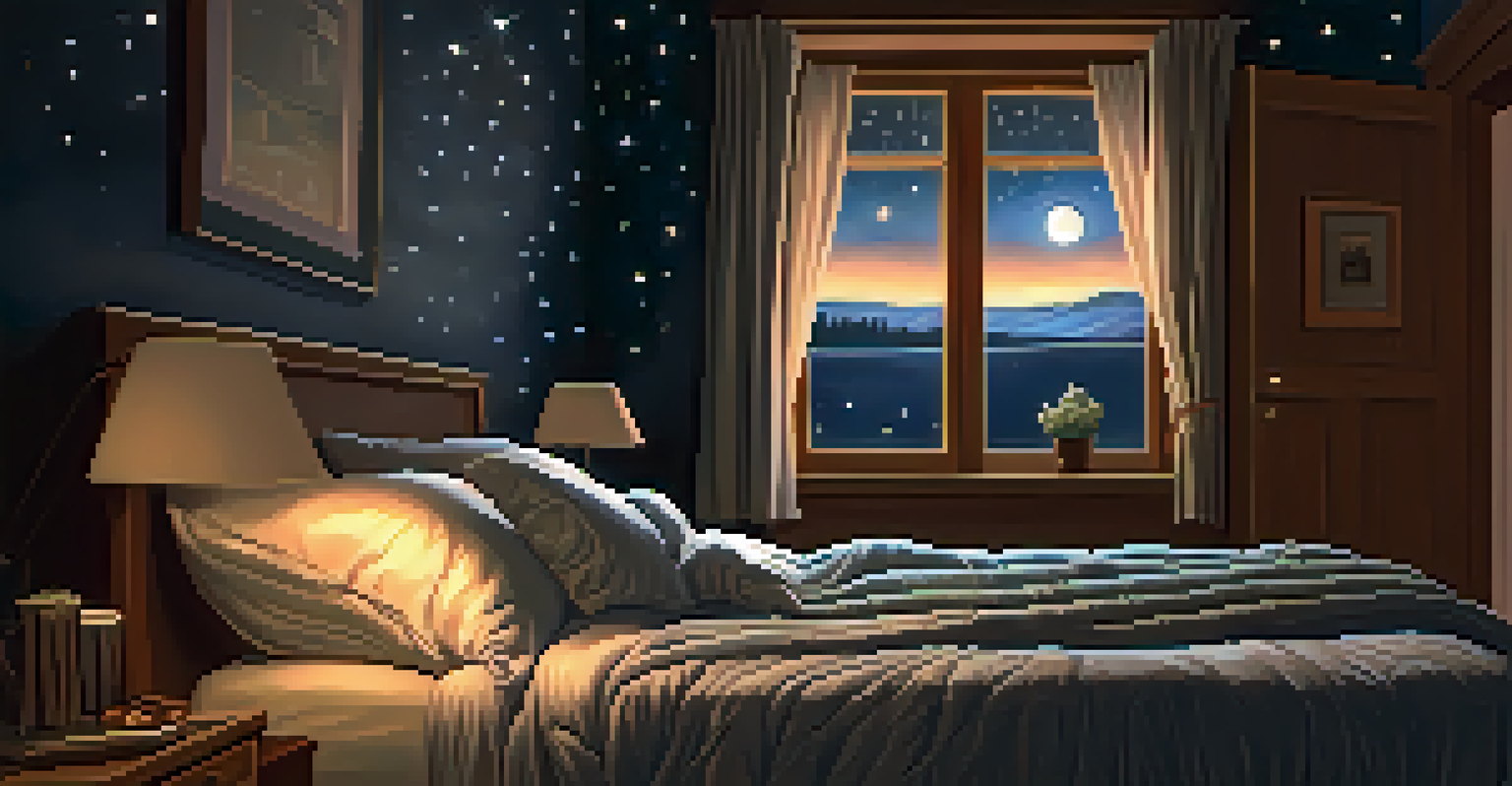 A cozy bedroom with a person sleeping peacefully under a quilt, illuminated by warm bedside lamp light.