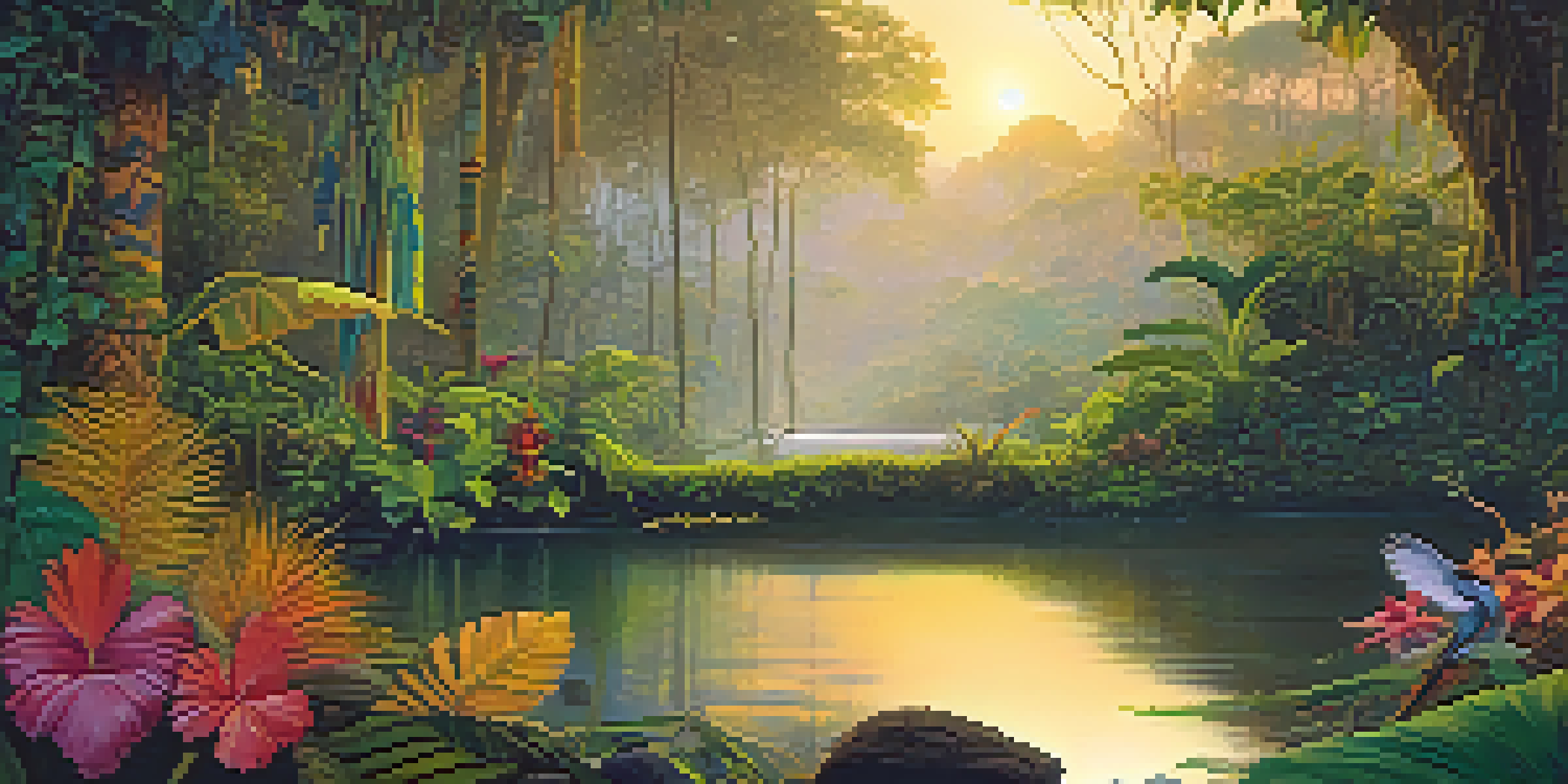 A peaceful Amazon rainforest at dawn with mist, featuring a traditional shamanic altar adorned with feathers and flowers, illuminated by soft golden sunlight.