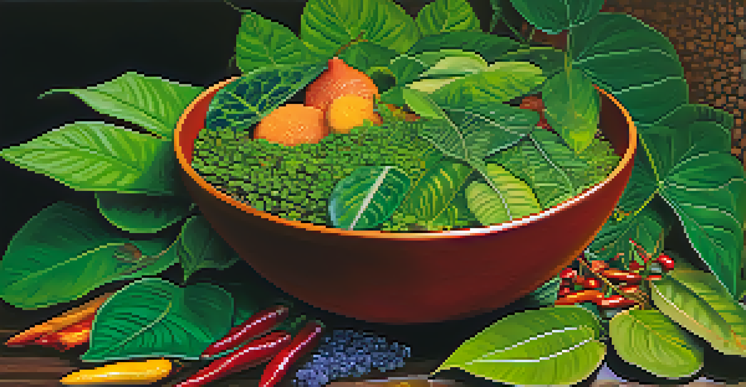 A close-up view of a bowl containing fresh Ayahuasca ingredients, with lush jungle in the background.