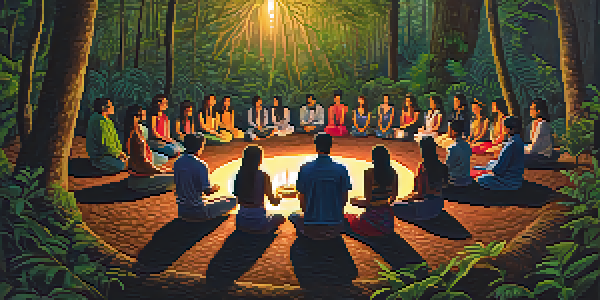 A group of participants in a lush forest setting, sitting in a circle during an Ayahuasca ceremony, with a facilitator in the center and candlelight illuminating the scene.