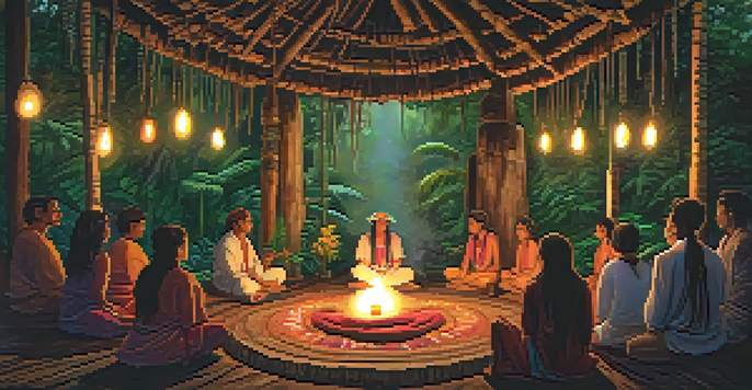A peaceful Ayahuasca ceremony in the Amazon rainforest with a shaman singing and participants sitting in a circle surrounded by greenery.