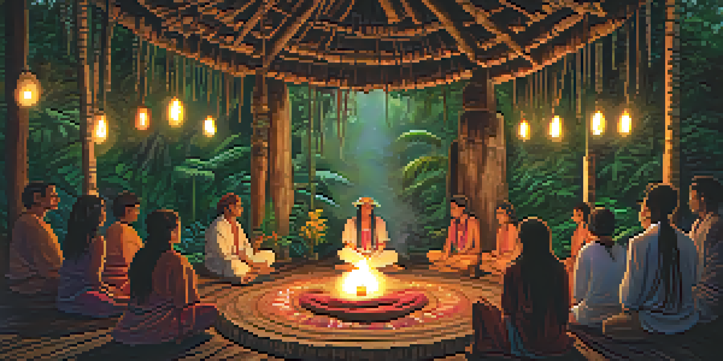 A peaceful Ayahuasca ceremony in the Amazon rainforest with a shaman singing and participants sitting in a circle surrounded by greenery.
