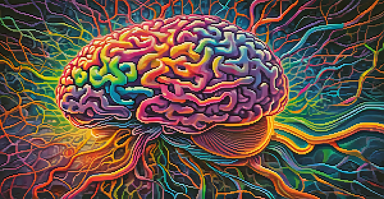 An artistic depiction of a brain with colorful neural connections against a psychedelic background.