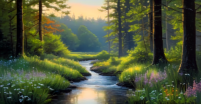 A peaceful forest scene at twilight with soft light, wildflowers, and a gentle stream.