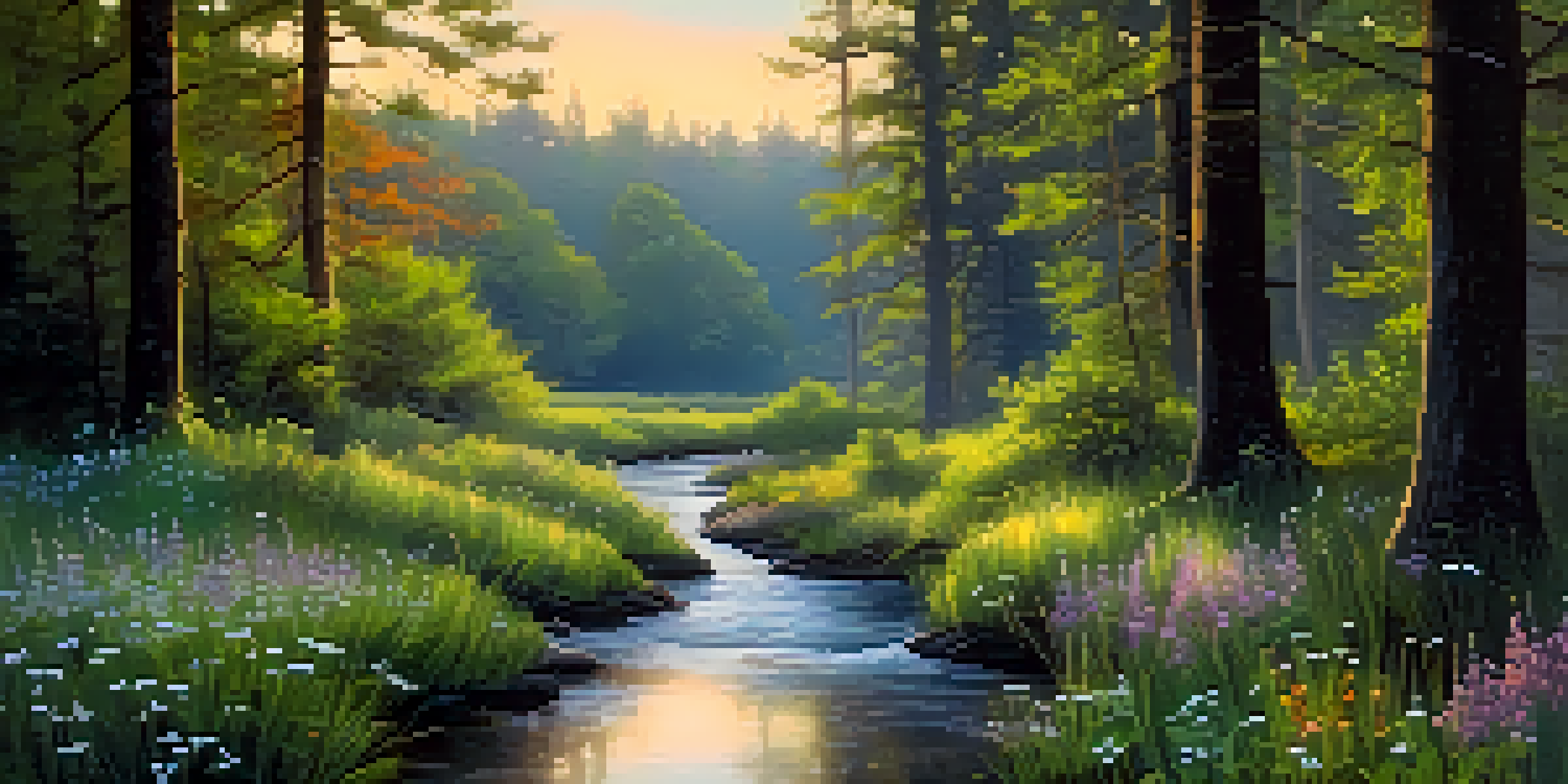 A peaceful forest scene at twilight with soft light, wildflowers, and a gentle stream.