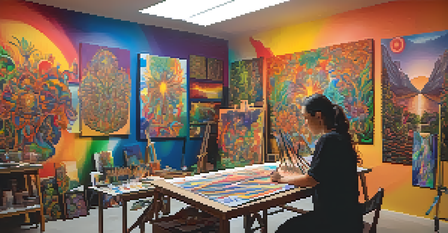 An artist in a bright studio creating colorful paintings inspired by ayahuasca, surrounded by art supplies and vibrant canvases.