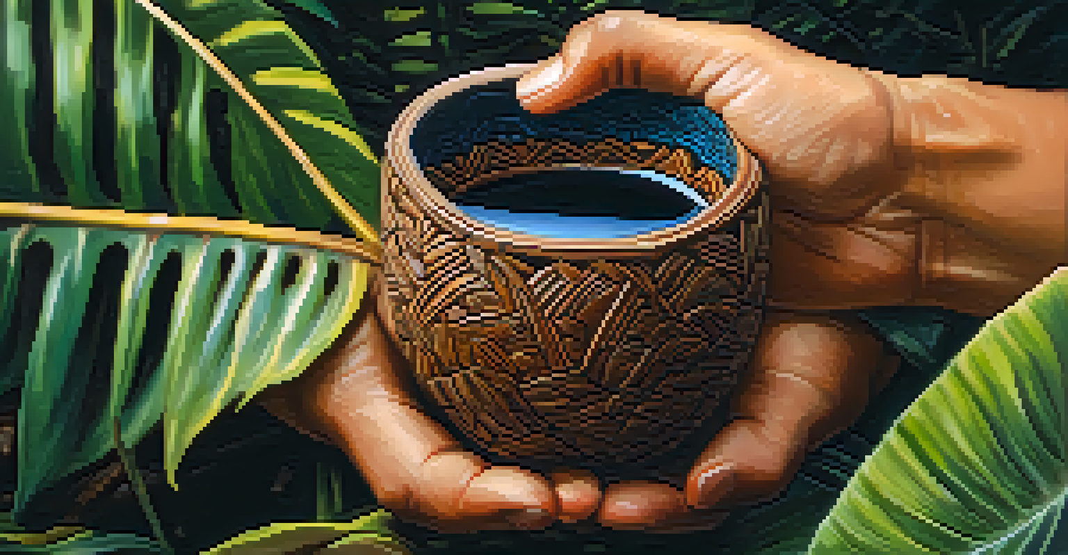 Close-up of a hand holding a carved wooden cup with Ayahuasca brew, surrounded by blurred tropical plants.