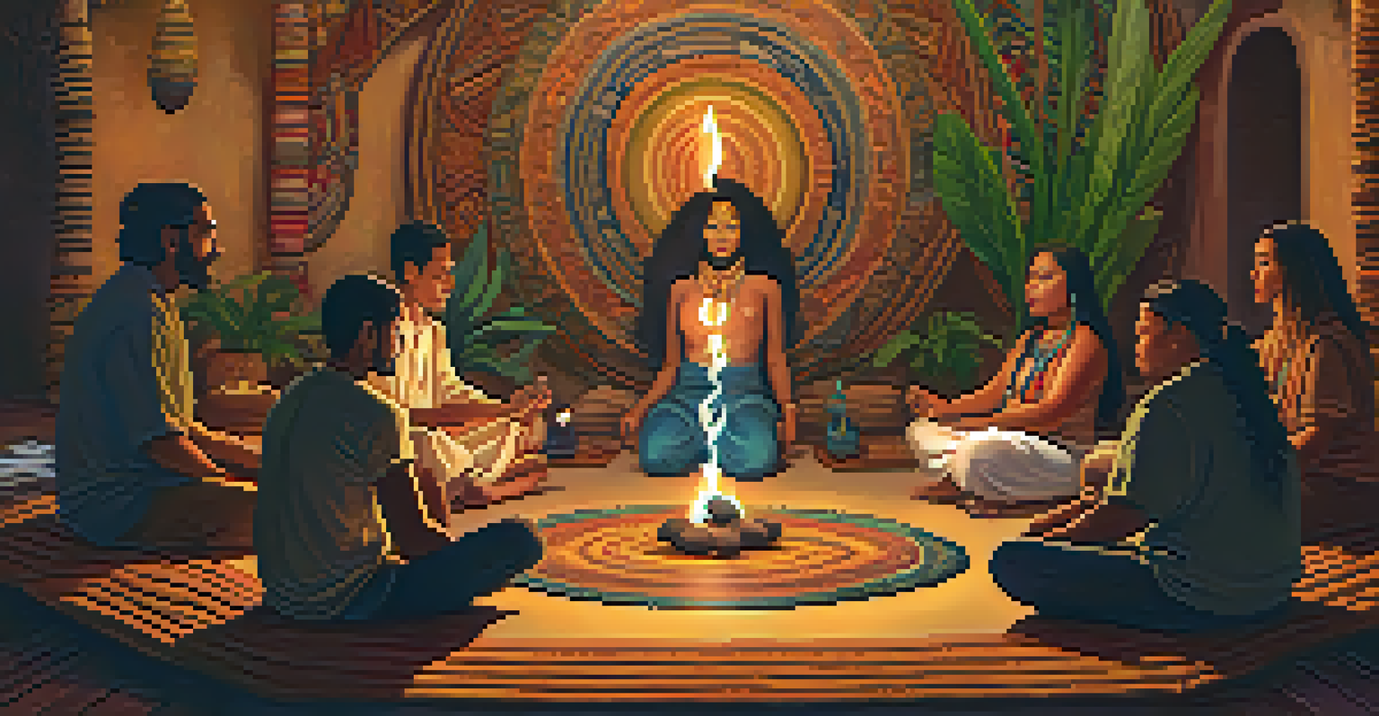 Participants sit in a circle during an Ayahuasca ceremony, with a shaman at the center singing softly in a warmly lit room.