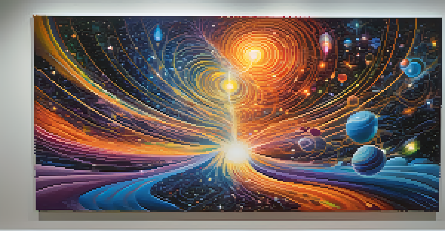 An abstract depiction of quantum fluctuations with swirling colors and cosmic elements, illustrating the concept of interconnectedness in the universe.