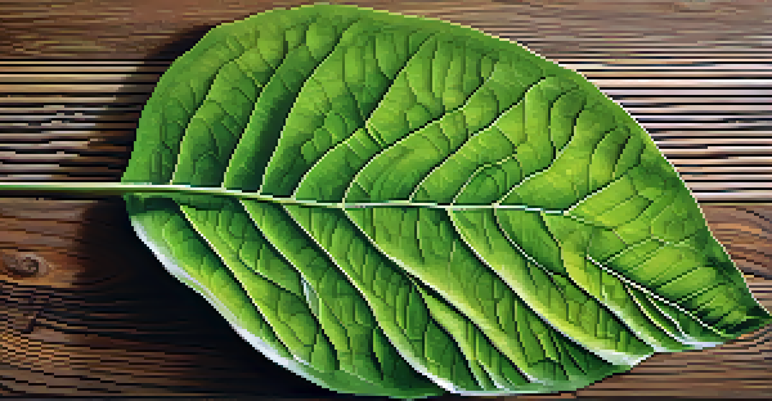 A detailed close-up of a green Psychotria viridis leaf on a wooden surface, showcasing its intricate veins and natural beauty.