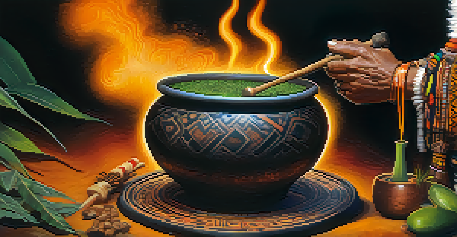 A shaman preparing Ayahuasca brew over a fire with vibrant herbs around.