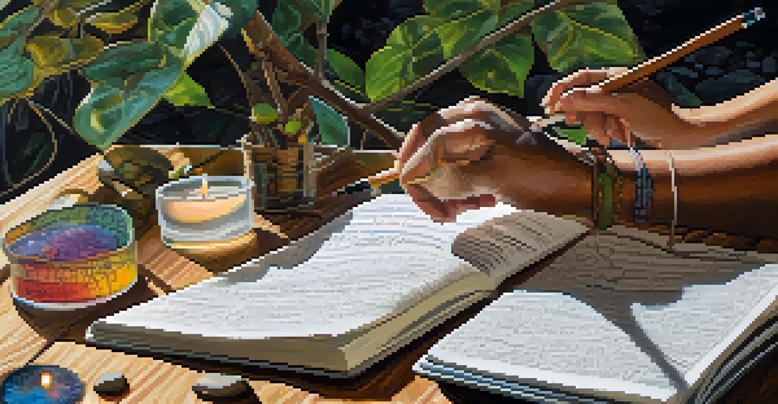 A close-up of hands writing in a journal filled with sketches and notes, surrounded by natural elements like stones and leaves, illuminated by soft light.