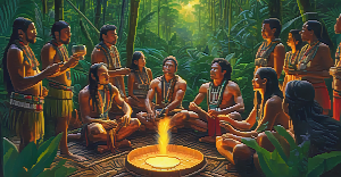 A tranquil ayahuasca ceremony in the Amazon rainforest, featuring a traditional shaman singing and participants seated in a circle under soft lantern light.