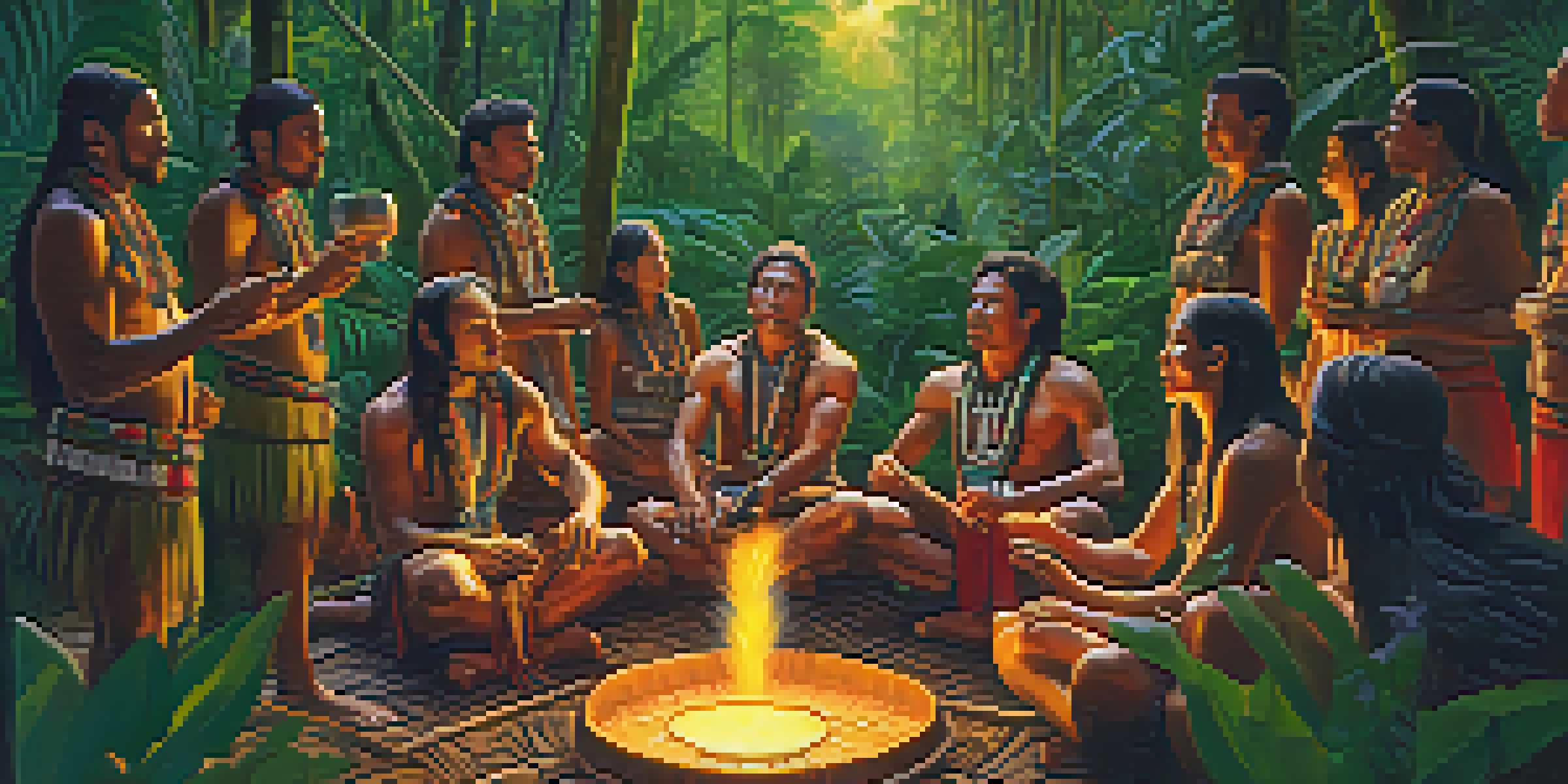 A tranquil ayahuasca ceremony in the Amazon rainforest, featuring a traditional shaman singing and participants seated in a circle under soft lantern light.